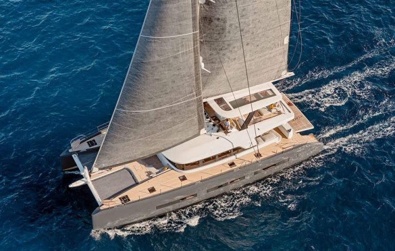 Lagoon Seventy 7 with fully operational sails on open sea