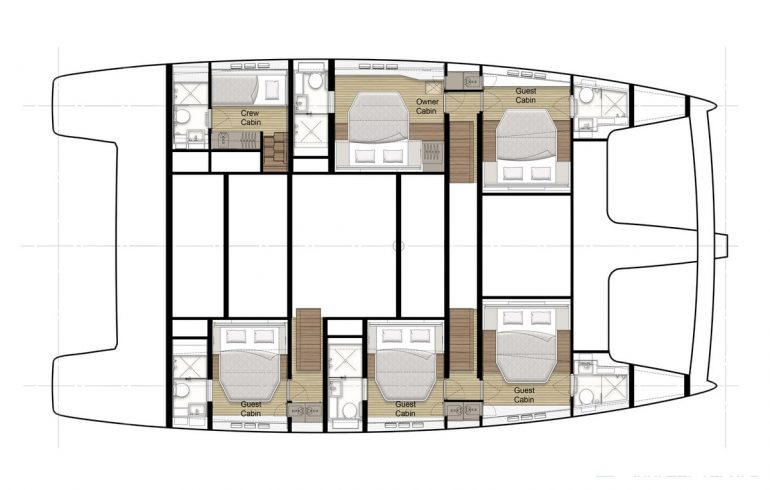 Layout with 5 cabins for guests on board Sunreef 60